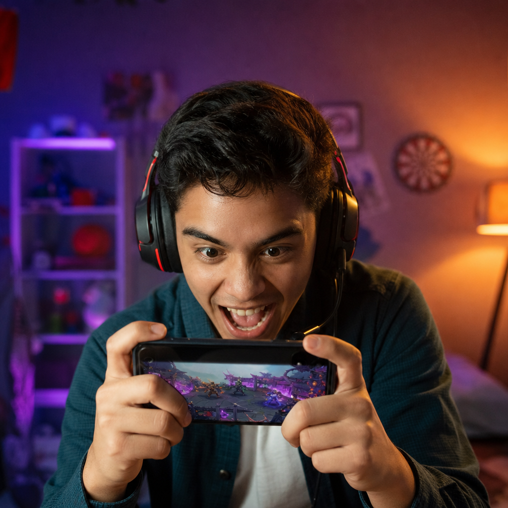 Joven jugando videojuegos gamer en smartphone Claro