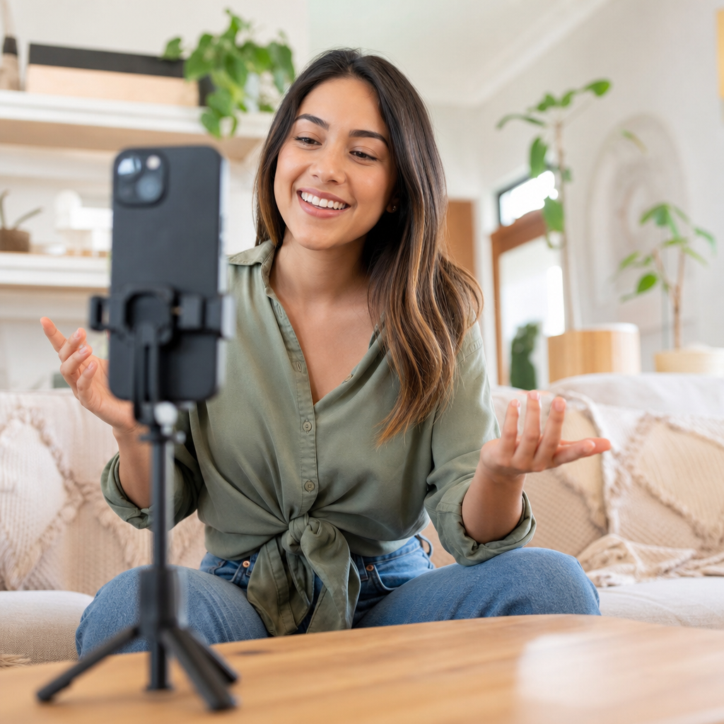 Creador de contenido grabando video en celular Claro