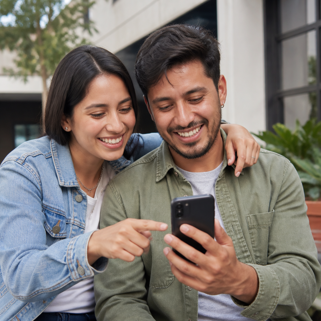 Pareja realizando videollamada familiar en celular Claro