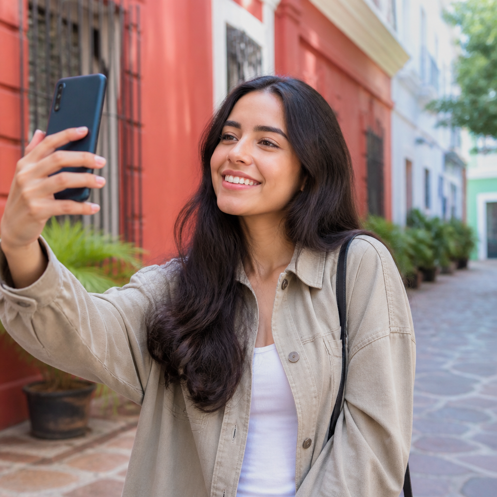 Persona realizando selfie con smartphone Claro